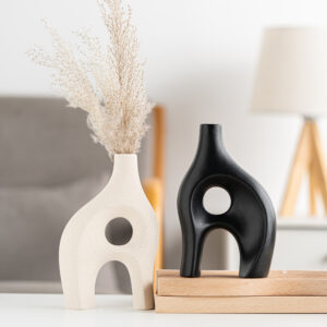 Set of 2 Abstract Ceramic Vases – Black & White Sculptural Bud Vases with Organic Arch Design